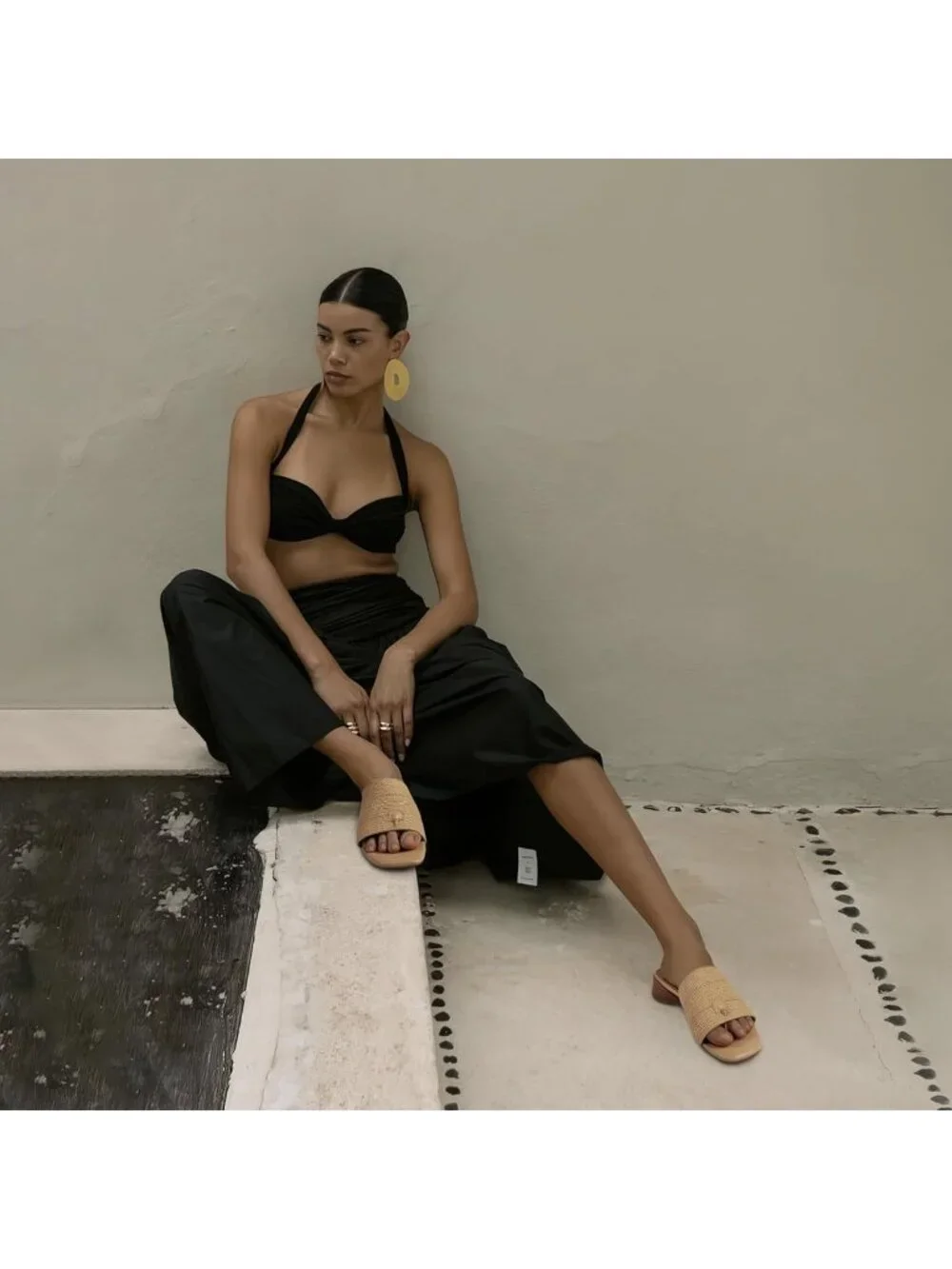 Women's Block Kitten Heels Raffia Slide Mule Sandals Square Open Toe Shoes - Picture 2 of 6